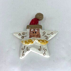 Vintage Christmas Santa Claus Star Brooch Pin Ceramic Gold Glitter Mustache